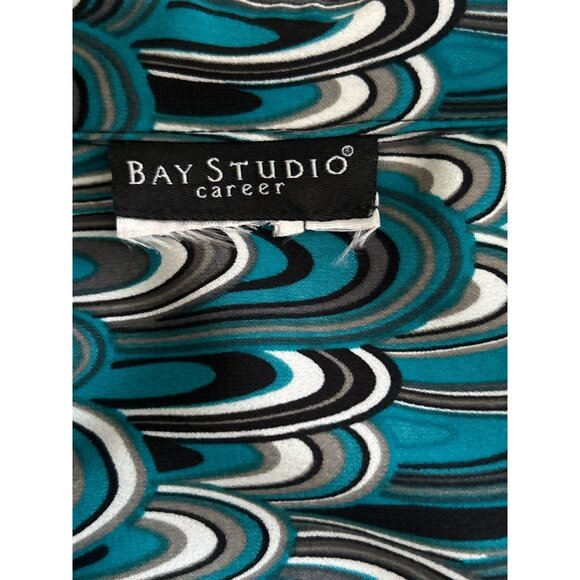 Bay Studio Career Top Teal Black White Abstract Print Short Sleeve Belted Blouse - Picture 4 of 7